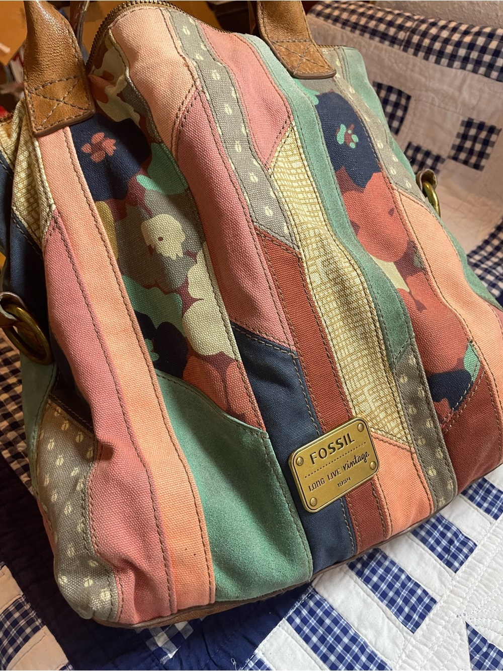 Fossil Patchwork Shoulder Bag in Navy, Coral, Teal & Tan - Picture 2 of 16